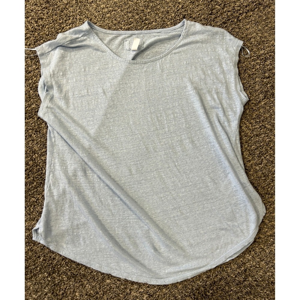 SIGRID OLSEN baby blue 100% LINEN short sleeve women's shirt